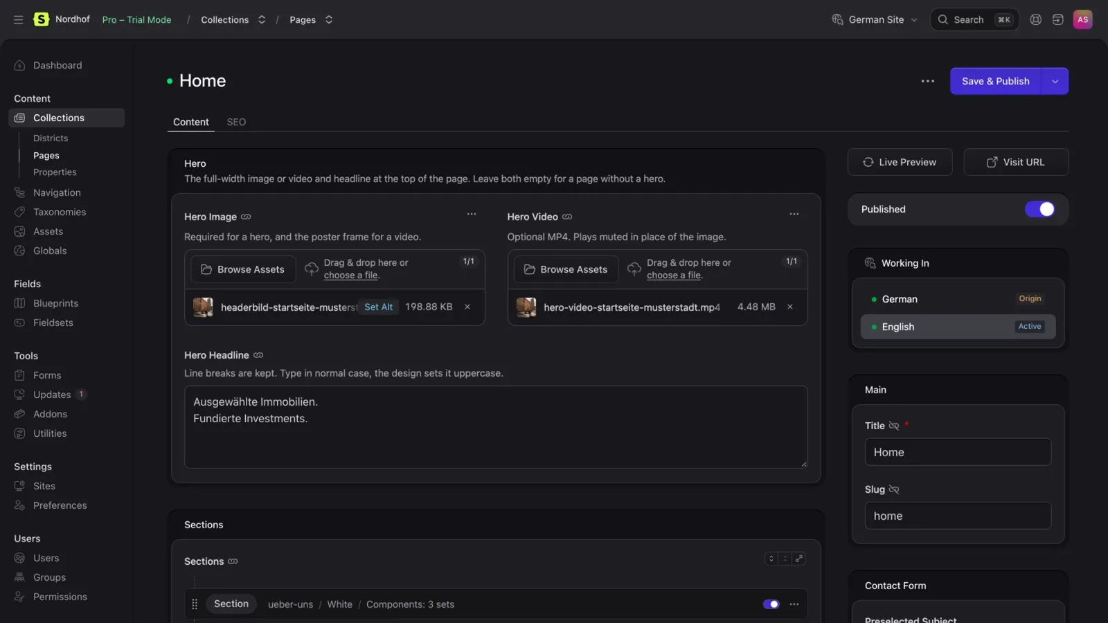 A home page entry in the control panel, with hero image, video and headline fields, and a sidebar showing German as the origin language and English active.