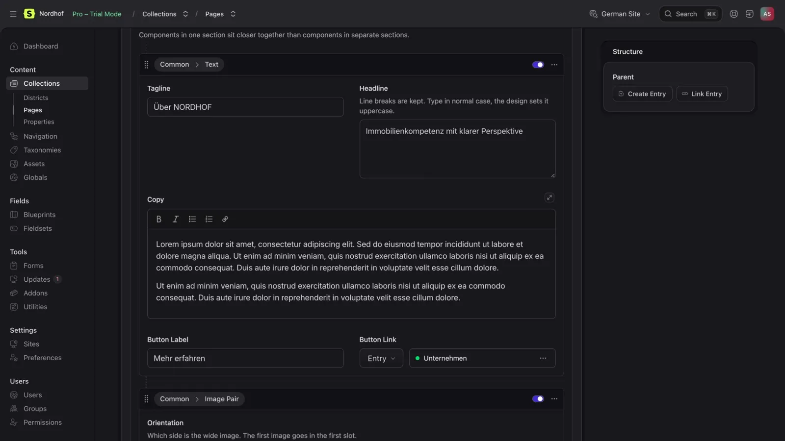 The Statamic page builder in the control panel: a Text component opened to show its tagline, headline and copy fields, with an Image Pair component below it.