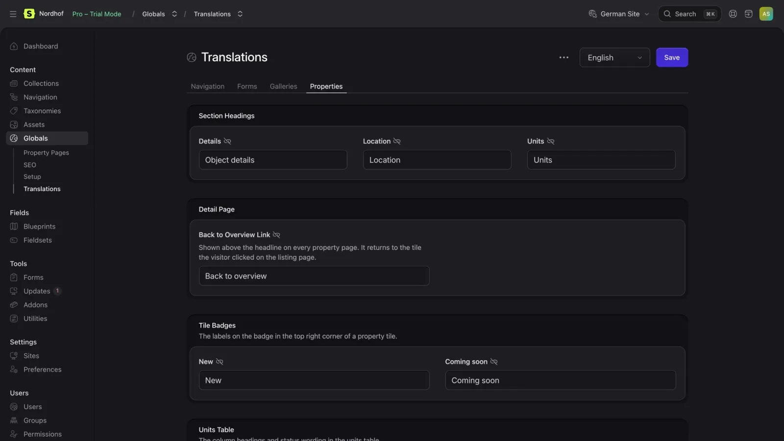 The Translations global in the control panel, with editable wording for section headings, a back to overview link and tile badges.