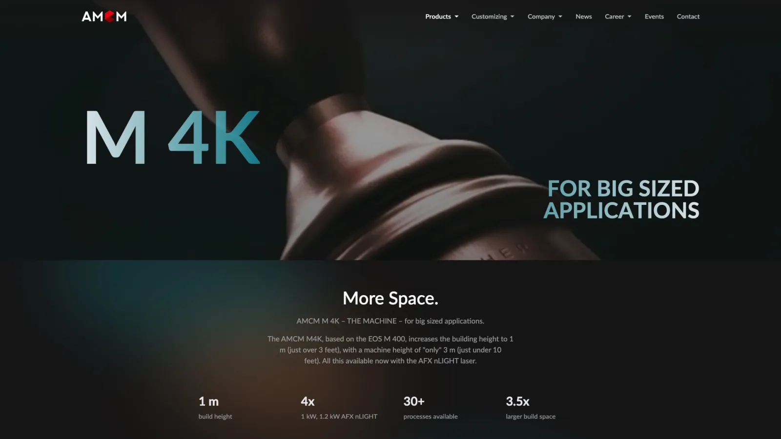 The AMCM M 4K machine page: a large model name, the line 