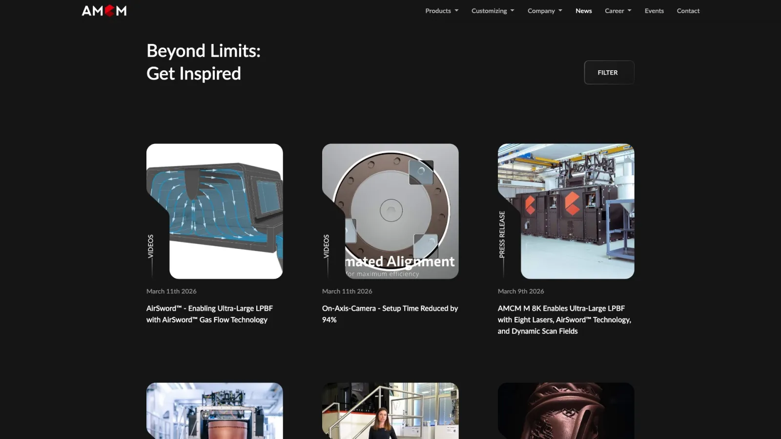A news overview with a filter button and a grid of posts with photos of machines and printed parts.