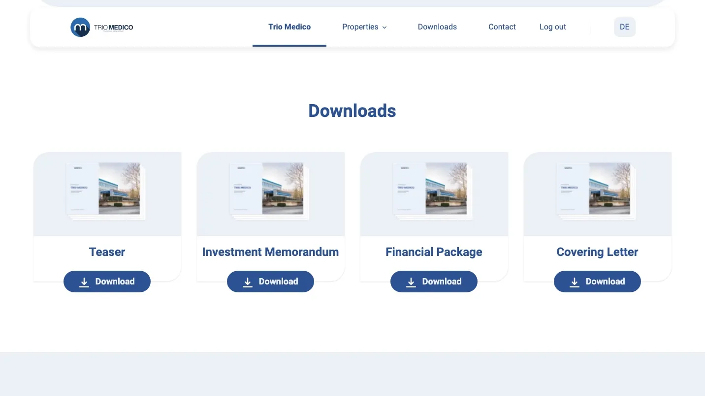 A download section with four document cards: teaser, investment memorandum, financial package and covering letter.