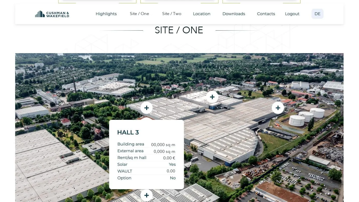 An aerial photo of a logistics site with plus markers on each hall, one of them open to show its area, rent per square meter and WAULT.