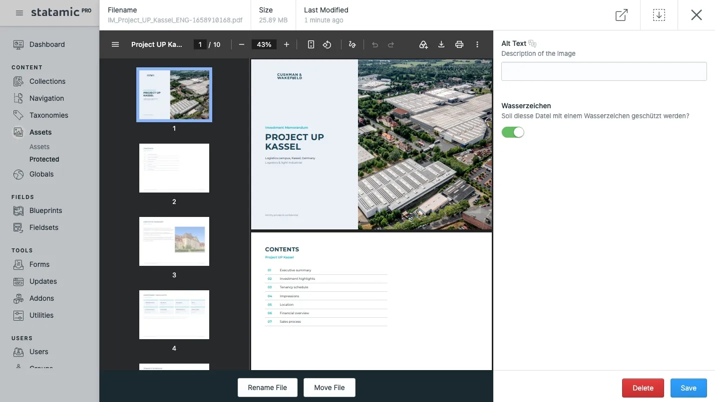 The Statamic control panel editing a PDF, with a Wasserzeichen switch turned on next to the document preview.