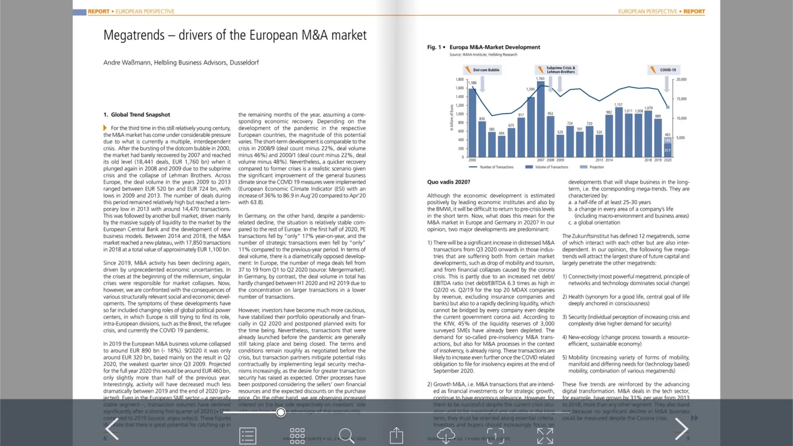 An M&A Review Europe e-paper open in the browser, showing a two-page article on the drivers of the European M&A market with a bar chart.