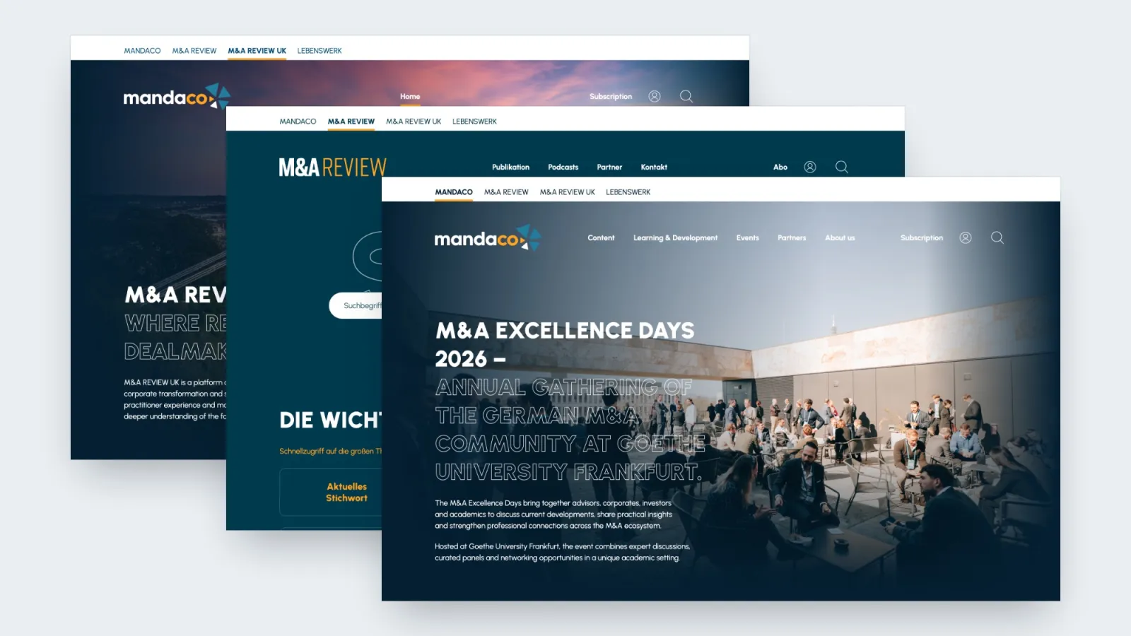 The home pages of manda.co, M&A Review and M&A Review UK, each with the shared switcher between the group's titles along the top.