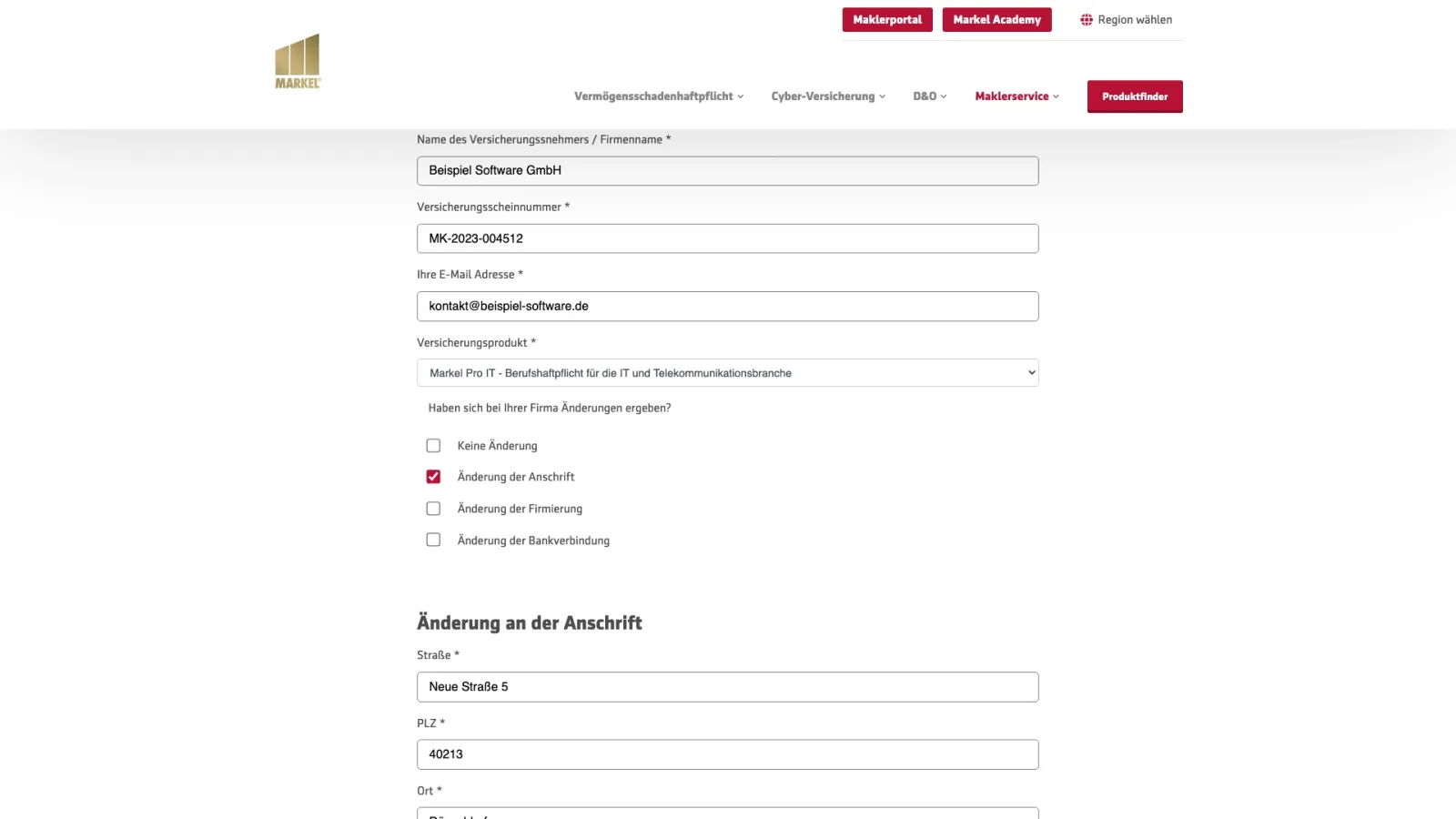 The annual declaration form with company details filled in and a change of address ticked, which reveals the fields for the new address.