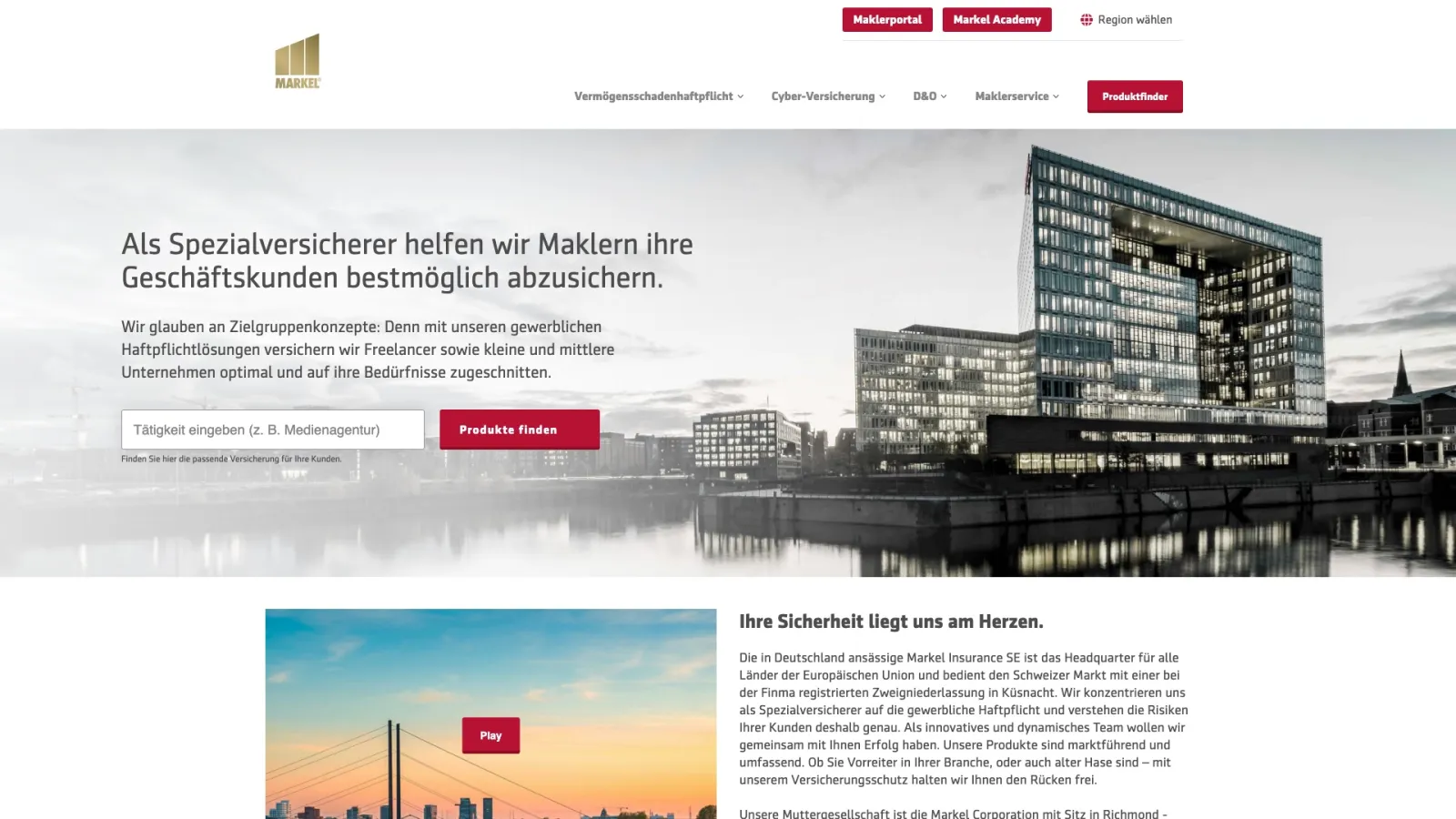 The Markel home page in its red and gold design, with a search field for the client's trade and a 
