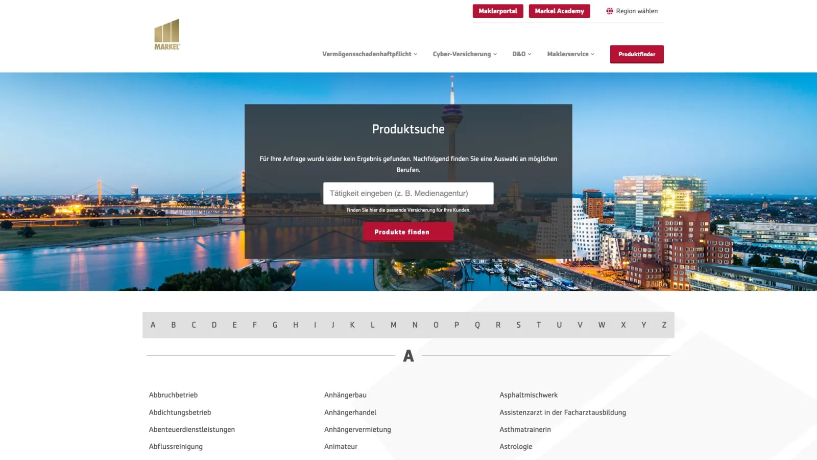 The product finder page with a search field over a Düsseldorf skyline and an A to Z index of trades below.