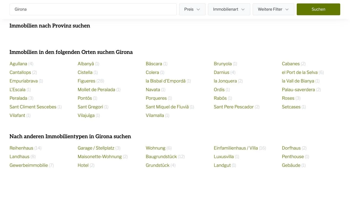 A browse page in German, listing every town in the province of Girona and every property type, each with its number of listings.