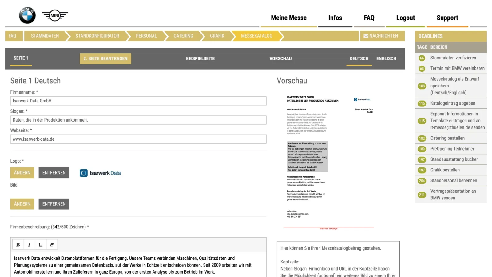 The catalog page editor, with the exhibitor's text and logo on the left and a live preview of the printed catalog page on the right.
