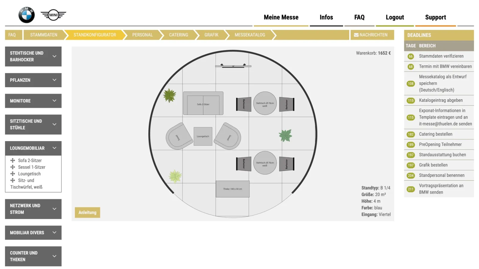 The booth configurator with the lounge furniture list open, beside a round stand furnished with a lounge, standing tables, a counter, plants and a screen.