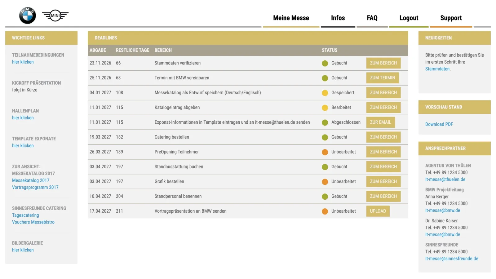 The exhibitor's information page, listing every deadline with its date, the days remaining, its status and a button to the relevant area.