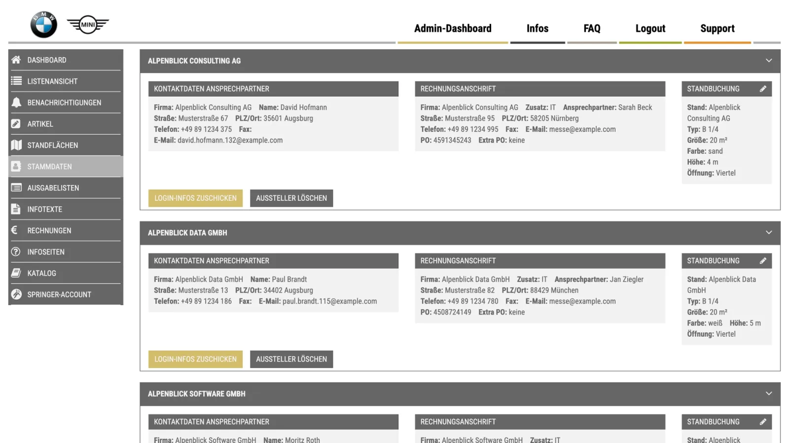 Exhibitor records in the administration panel, with contact details, the billing address and the booked stand for each company.